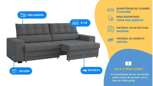 SOFÁ RETRÁTIL RECLINÁVEL VELUDO 3 LUGARES
