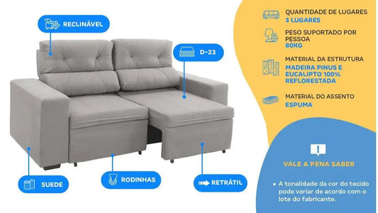 SOFÁ RETRÁTIL RECLINÁVEL CAMURÇA 3 LUGARES